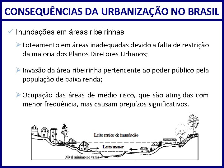CONSEQUÊNCIAS DA URBANIZAÇÃO NO BRASIL ü Inundações em áreas ribeirinhas Ø Loteamento em áreas
