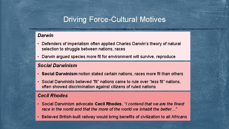 Driving Force-Cultural Motives Darwin • Defenders of imperialism often applied Charles Darwin’s theory of