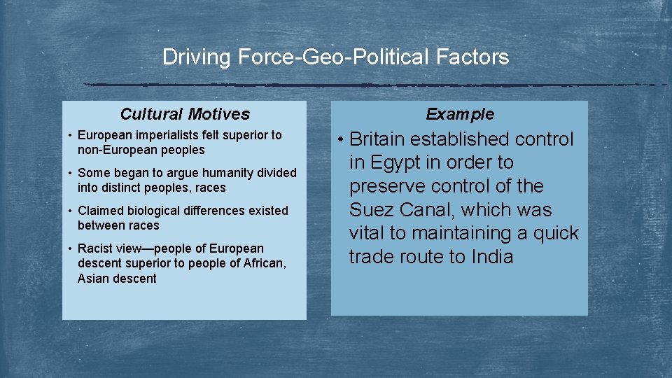 Driving Force-Geo-Political Factors Cultural Motives • European imperialists felt superior to non-European peoples •