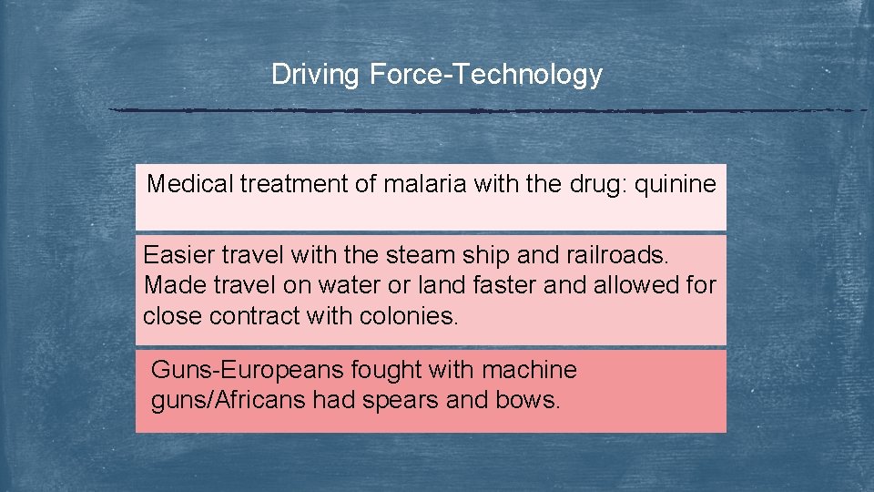 Driving Force-Technology Medical treatment of malaria with the drug: quinine Easier travel with the