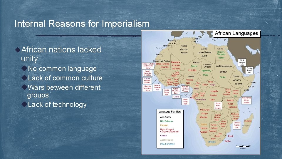 Internal Reasons for Imperialism u. African nations lacked unity u. No common language u.