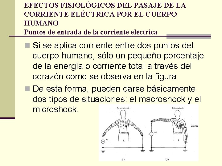 EFECTOS FISIOLÓGICOS DEL PASAJE DE LA CORRIENTE ELÉCTRICA POR EL CUERPO HUMANO Puntos de