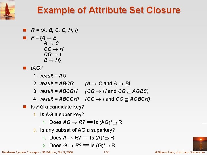 Example of Attribute Set Closure n R = (A, B, C, G, H, I)