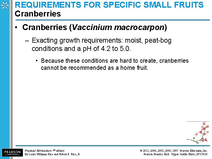 REQUIREMENTS FOR SPECIFIC SMALL FRUITS Cranberries • Cranberries (Vaccinium macrocarpon) – Exacting growth requirements: