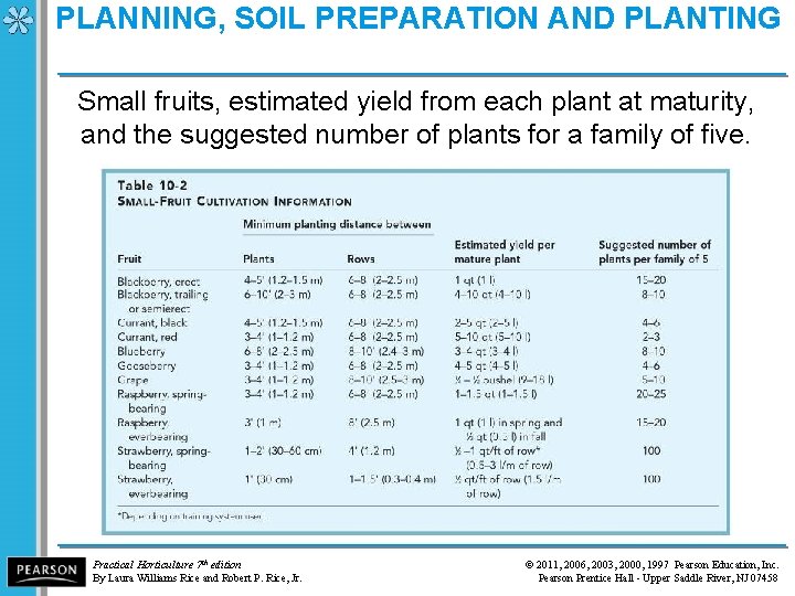 PLANNING, SOIL PREPARATION AND PLANTING Small fruits, estimated yield from each plant at maturity,