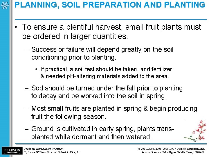 PLANNING, SOIL PREPARATION AND PLANTING • To ensure a plentiful harvest, small fruit plants