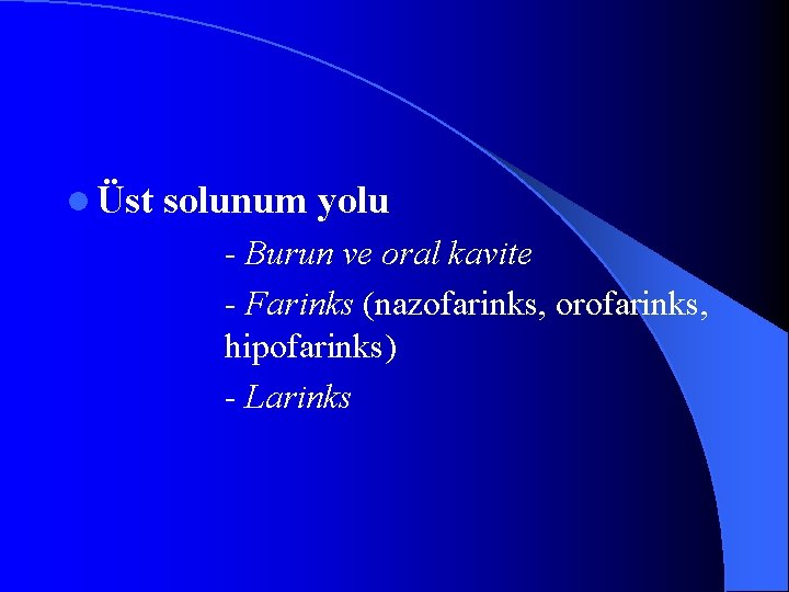 l Üst solunum yolu - Burun ve oral kavite - Farinks (nazofarinks, orofarinks, hipofarinks)