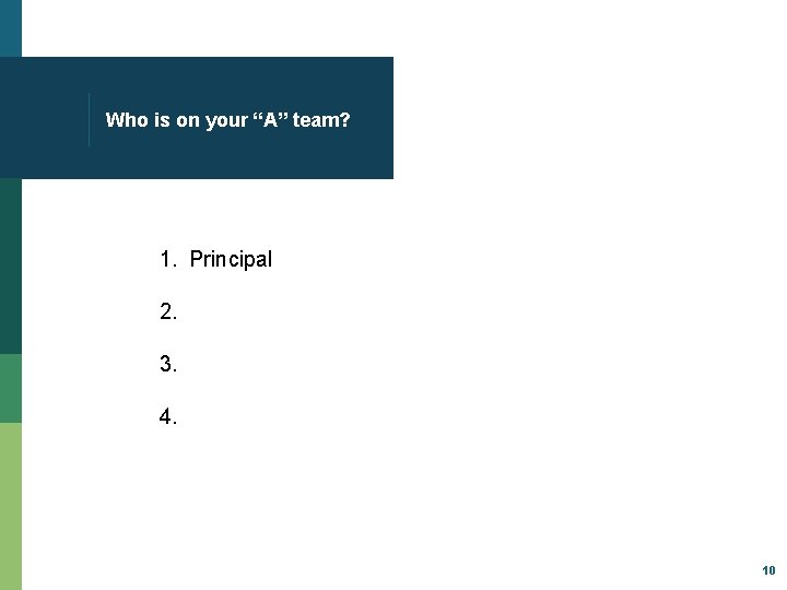 Who is on your “A” team? 1. Principal 2. 3. 4. 10 