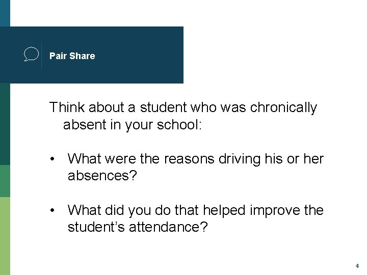 Pair Share Think about a student who was chronically absent in your school: •