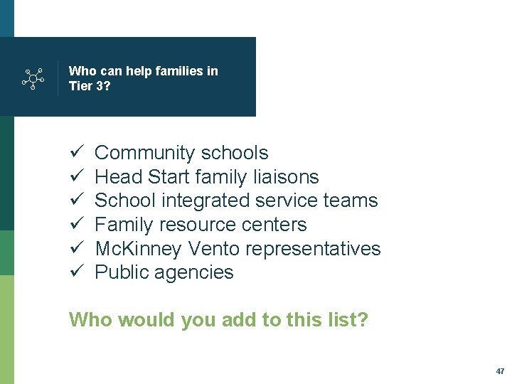 Who can help families in Tier 3? ü ü ü Community schools Head Start