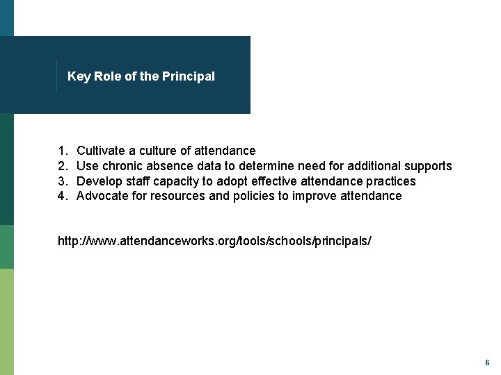 Key Role of the Principal 1. 2. 3. 4. Cultivate a culture of attendance