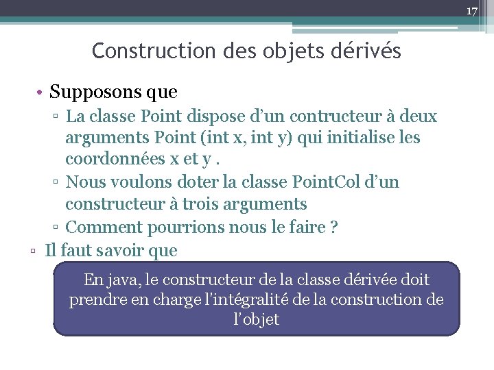 17 Construction des objets dérivés • Supposons que ▫ La classe Point dispose d’un