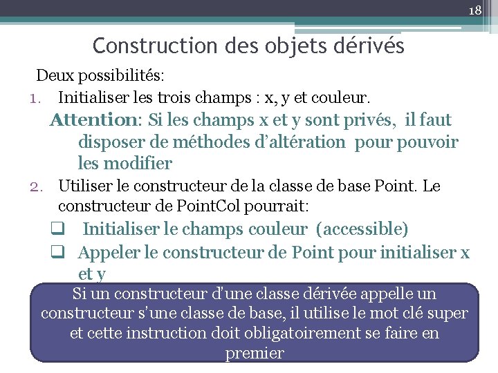 18 Construction des objets dérivés Deux possibilités: 1. Initialiser les trois champs : x,