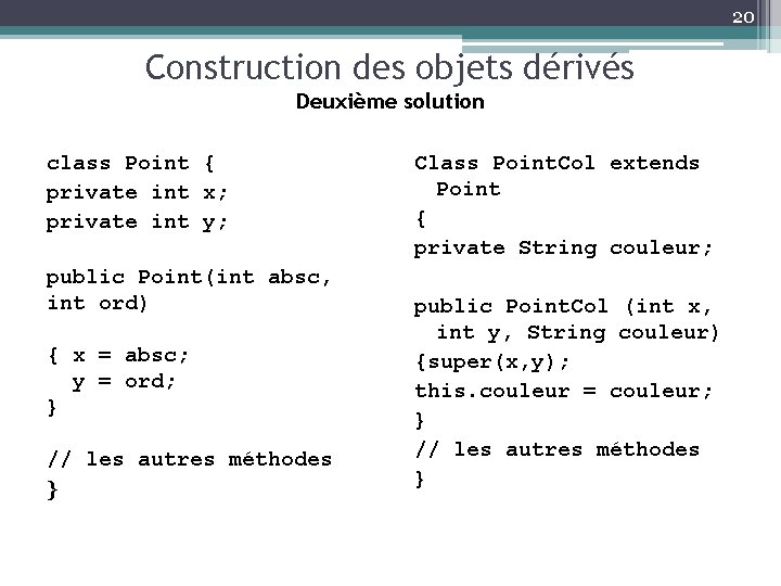 20 Construction des objets dérivés Deuxième solution class Point { private int x; private
