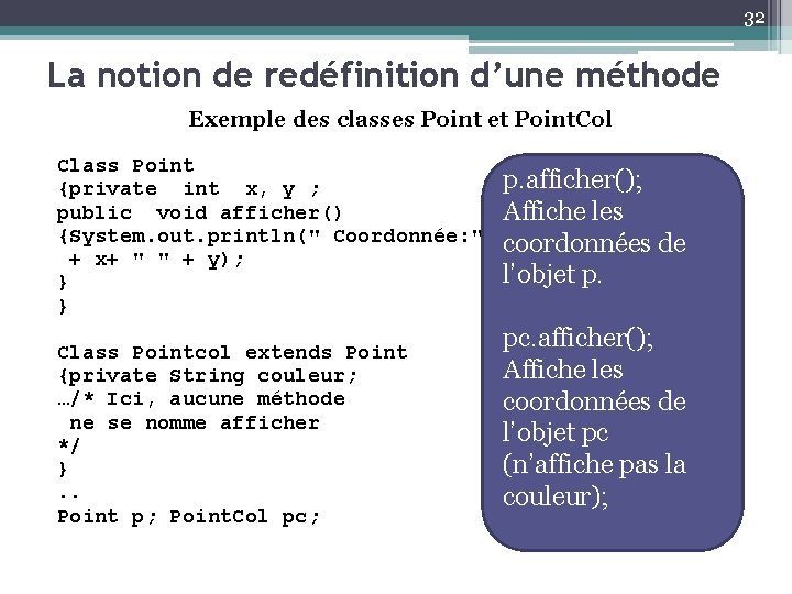 32 La notion de redéfinition d’une méthode Exemple des classes Point et Point. Col