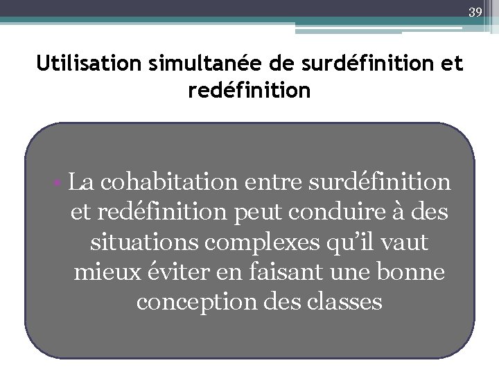 39 Utilisation simultanée de surdéfinition et redéfinition • La cohabitation entre surdéfinition et redéfinition