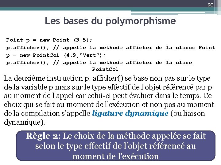 50 Les bases du polymorphisme Point p = new Point (3, 5); p. afficher();