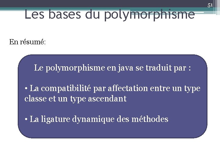 Les bases du polymorphisme En résumé: Le polymorphisme en java se traduit par :