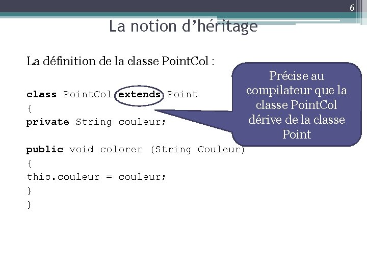 6 La notion d’héritage La définition de la classe Point. Col : class Point.