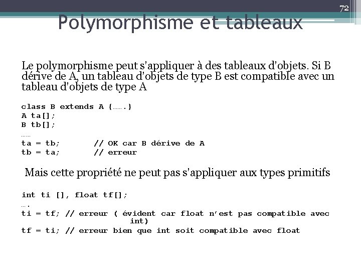 Polymorphisme et tableaux Le polymorphisme peut s’appliquer à des tableaux d’objets. Si B dérive