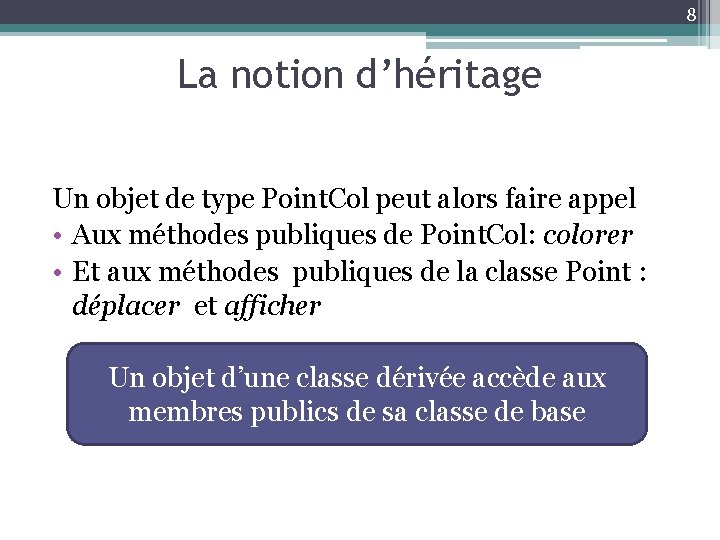 8 La notion d’héritage Un objet de type Point. Col peut alors faire appel