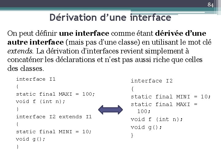 84 Dérivation d’une interface On peut définir une interface comme étant dérivée d’une autre