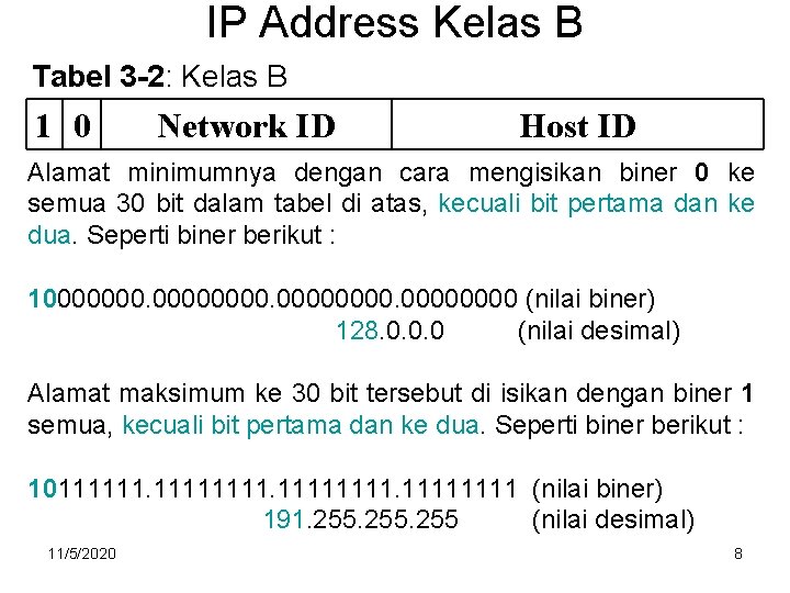 IP Address Kelas B Tabel 3 -2: Kelas B 1 0 Network ID Host