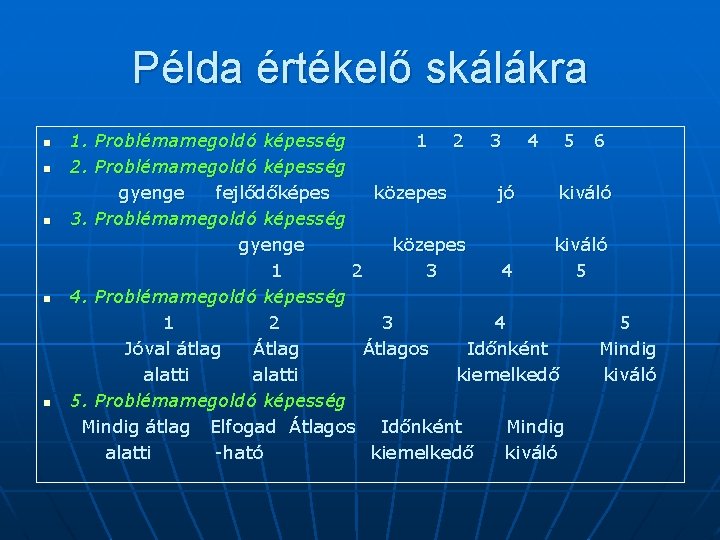 Példa értékelő skálákra n n n 1. Problémamegoldó képesség 1 2 3 4 5