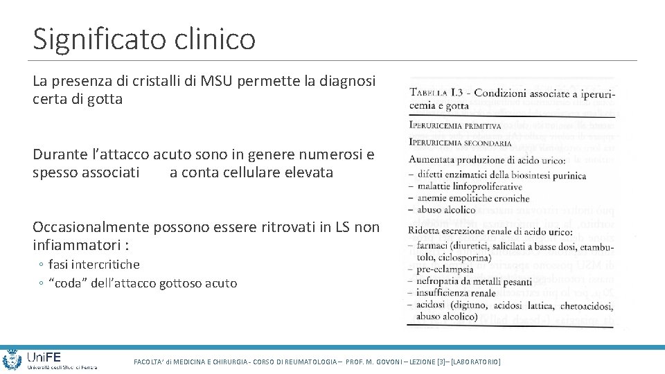 Significato clinico La presenza di cristalli di MSU permette la diagnosi certa di gotta