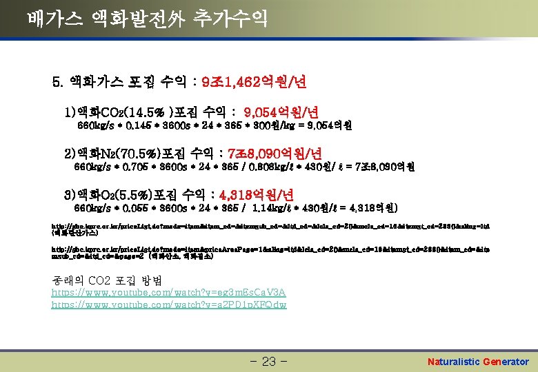 배가스 액화발전外 추가수익 5. 액화가스 포집 수익 : 9조 1, 462억원/년 1)액화CO 2(14. 5%