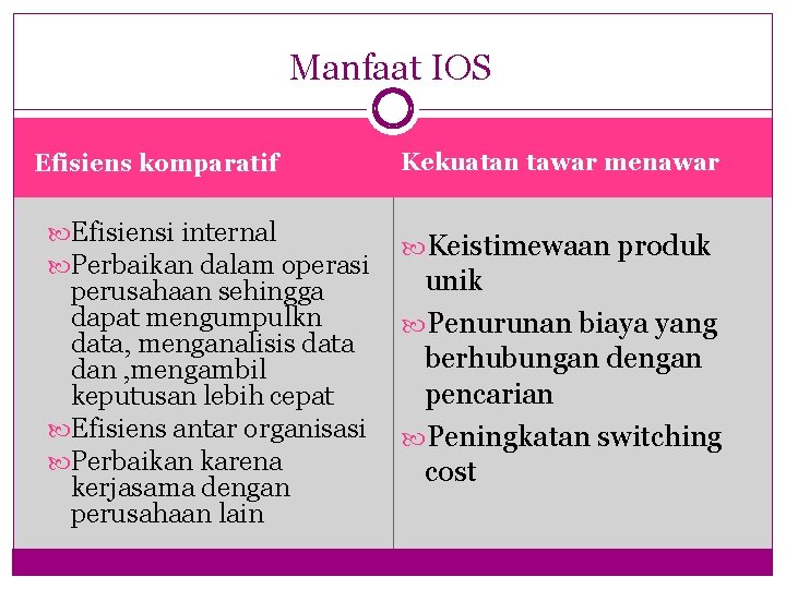 Manfaat IOS Efisiens komparatif Efisiensi internal Perbaikan dalam operasi perusahaan sehingga dapat mengumpulkn data,