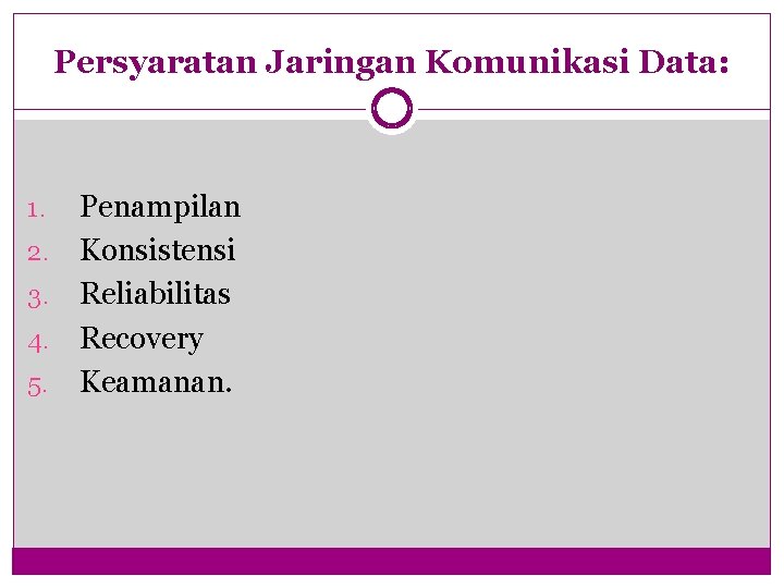 Persyaratan Jaringan Komunikasi Data: Penampilan 2. Konsistensi 3. Reliabilitas 4. Recovery 5. Keamanan. 1.