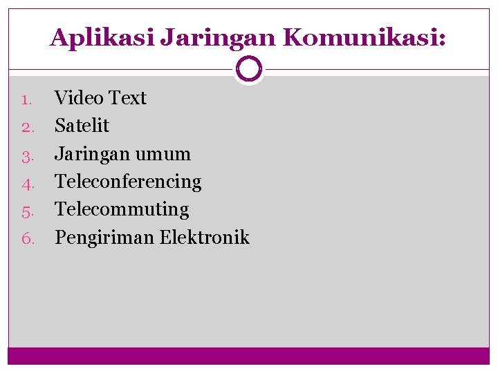 Aplikasi Jaringan Komunikasi: Video Text 2. Satelit 3. Jaringan umum 4. Teleconferencing 5. Telecommuting