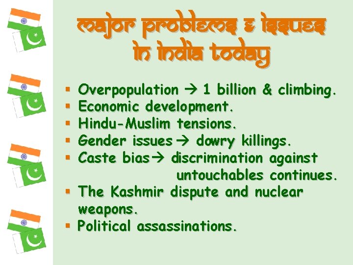 Major problems & Issues in india today Overpopulation 1 billion & climbing. Economic development.