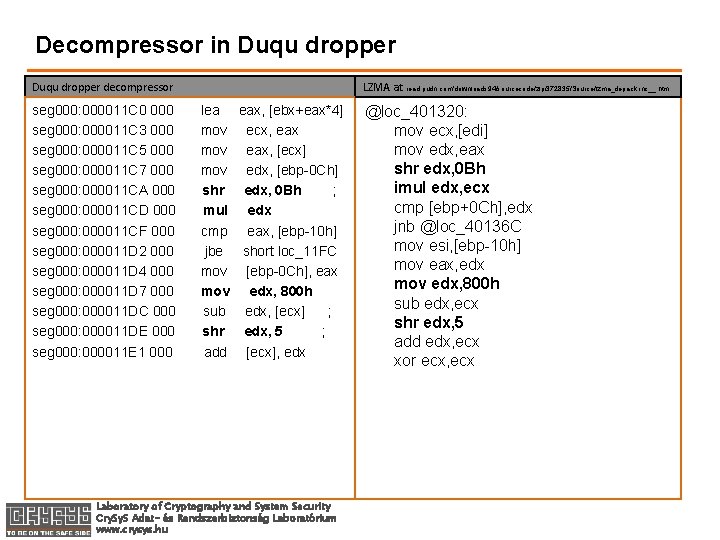 Decompressor in Duqu dropper decompressor seg 000: 000011 C 0 000 seg 000: 000011