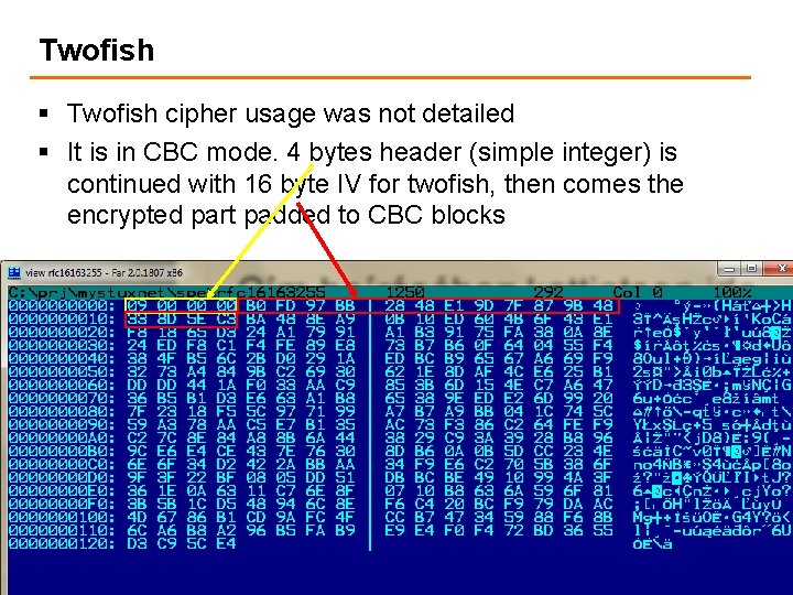 Twofish § Twofish cipher usage was not detailed § It is in CBC mode.