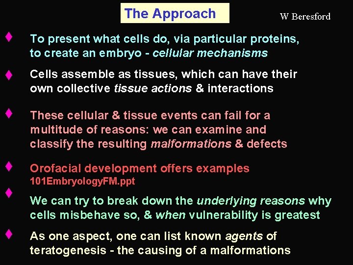 The Approach W Beresford To present what cells do, via particular proteins, to create