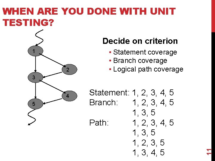 WHEN ARE YOU DONE WITH UNIT TESTING? Decide on criterion 1 2 • Statement