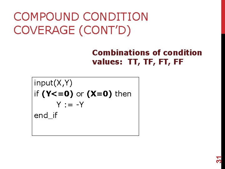 COMPOUND CONDITION COVERAGE (CONT’D) Combinations of condition values: TT, TF, FT, FF 31 input(X,