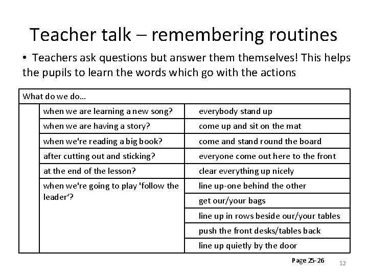 Teacher talk – remembering routines • Teachers ask questions but answer themselves! This helps