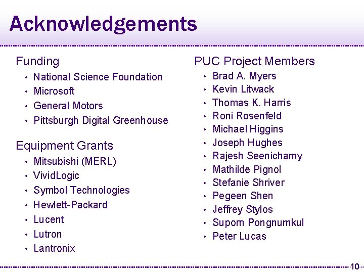 Acknowledgements Funding National Science Foundation • Microsoft • General Motors • Pittsburgh Digital Greenhouse