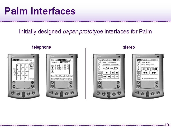 Palm Interfaces Initially designed paper-prototype interfaces for Palm telephone stereo 18 