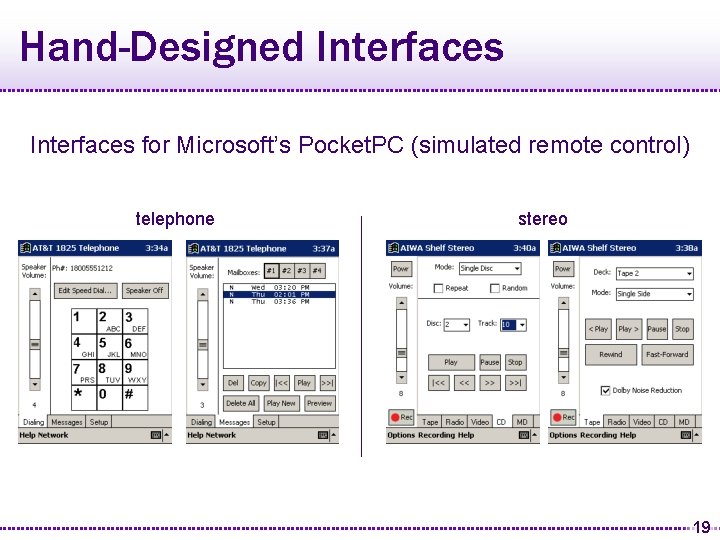 Hand-Designed Interfaces for Microsoft’s Pocket. PC (simulated remote control) telephone stereo 19 