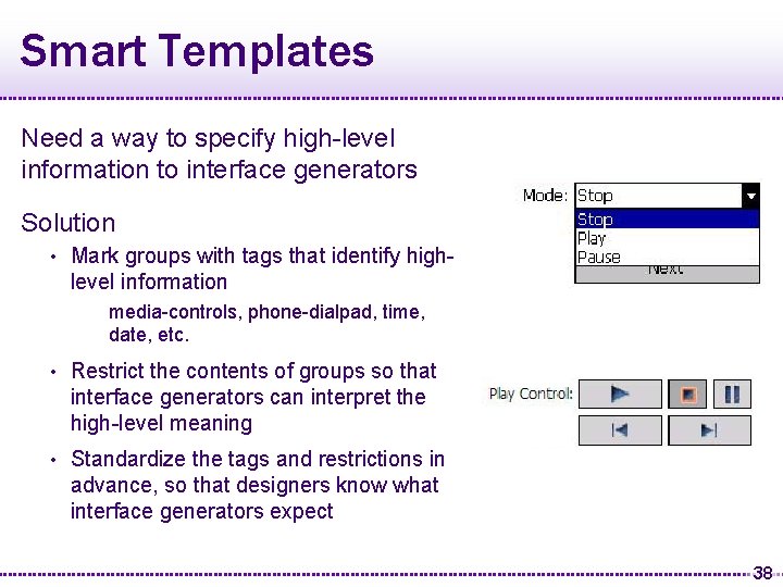 Smart Templates Need a way to specify high-level information to interface generators Solution •