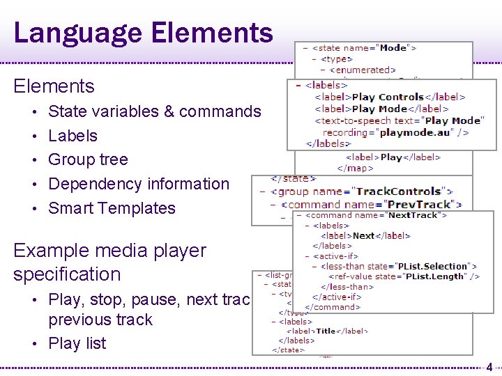 Language Elements • • • State variables & commands Labels Group tree Dependency information