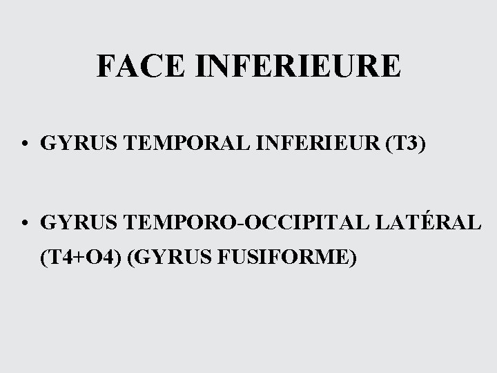 FACE INFERIEURE • GYRUS TEMPORAL INFERIEUR (T 3) • GYRUS TEMPORO-OCCIPITAL LATÉRAL (T 4+O