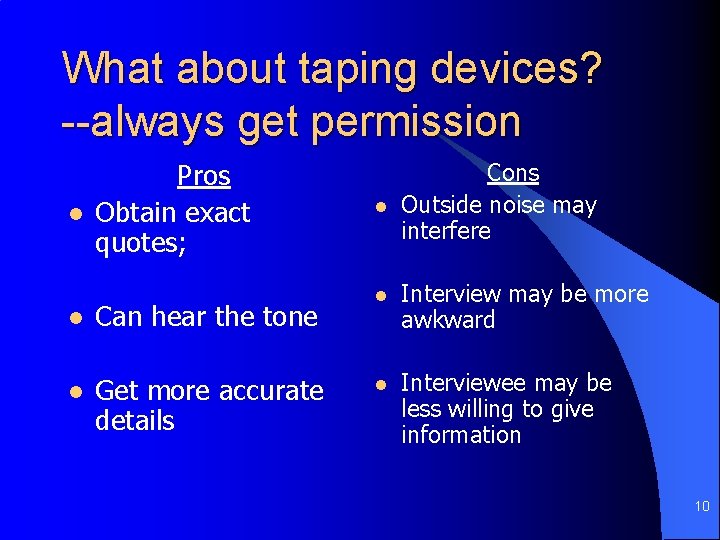 What about taping devices? --always get permission l Pros Obtain exact quotes; l Can