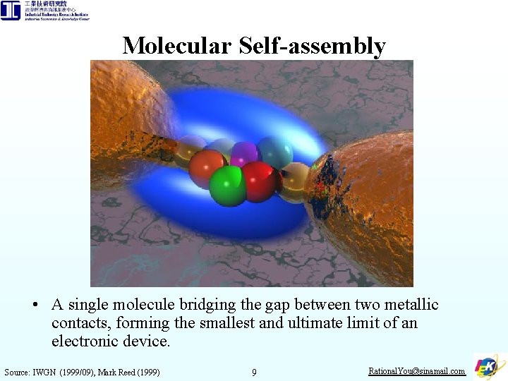 Molecular Self-assembly • A single molecule bridging the gap between two metallic contacts, forming