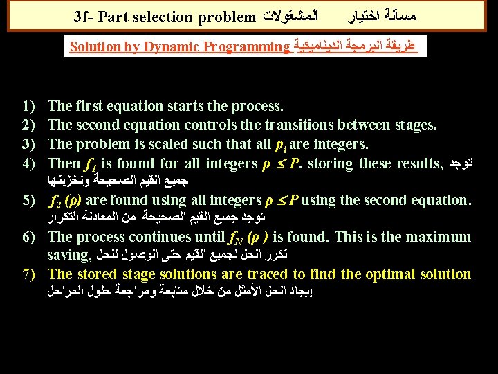 3 f- Part selection problem ﺍﻟﻤﺸﻐﻮﻻﺕ ﻣﺴﺄﻠﺔ ﺍﺧﺘﻴﺎﺭ Solution by Dynamic Programming ﻃﺮﻳﻘﺔ ﺍﻟﺒﺮﻣﺠﺔ