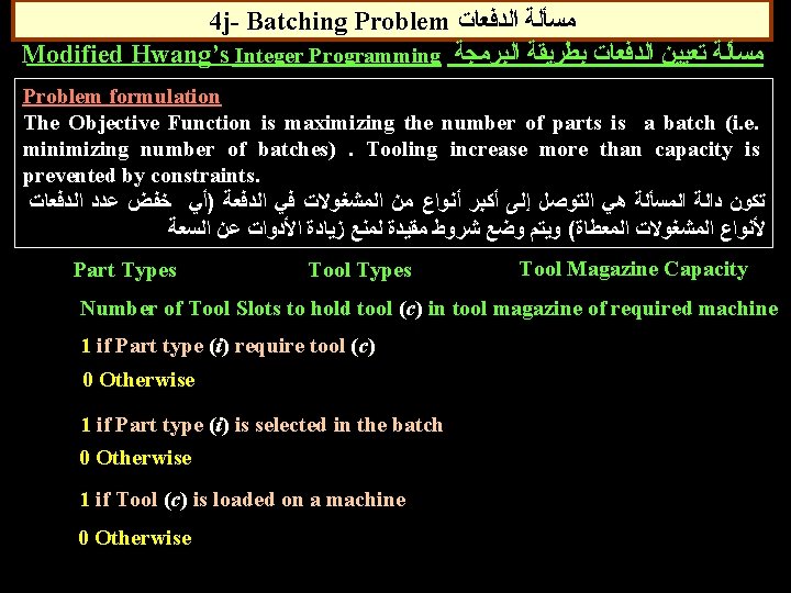 4 j- Batching Problem ﻣﺴﺄﻠﺔ ﺍﻟﺪﻓﻌﺎﺕ Modified Hwang’s Integer Programming ﻣﺴﺄﻠﺔ ﺗﻌﻴﻴﻦ ﺍﻟﺪﻓﻌﺎﺕ ﺑﻄﺮﻳﻘﺔ
